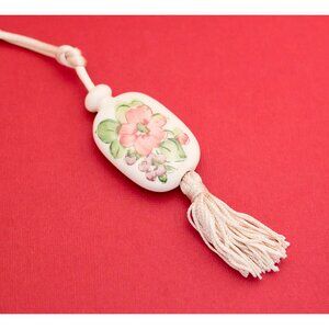 Brazil Hand Painted White Floral Porcelain Tassel Necklace 19 Inches F17
